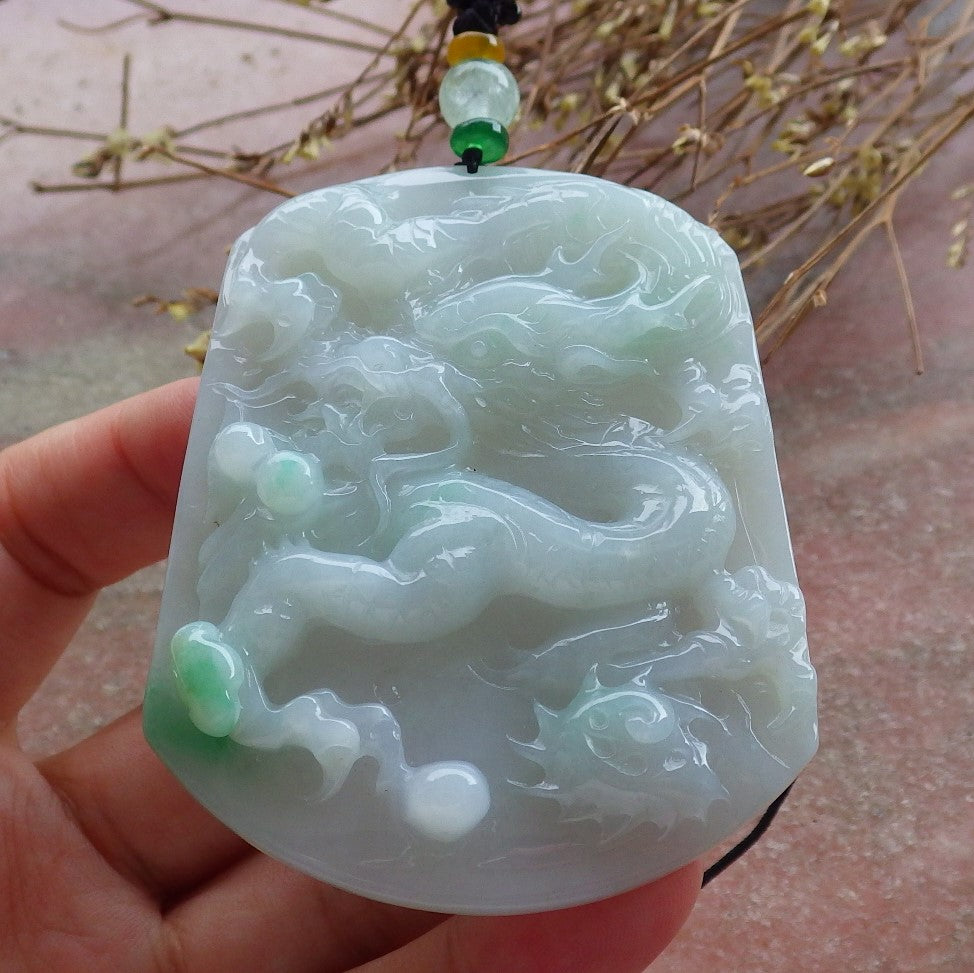 Certified Hand Carved Green Natural Myanmar Burma A Jade Jadeite Zodiac Dragon Bead Pendant Necklace