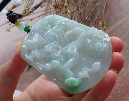 Certified Hand Carved Green Natural Myanmar Burma A Jade Jadeite Zodiac Dragon Bead Pendant Necklace