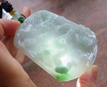 Certified Hand Carved Green Natural Myanmar Burma A Jade Jadeite Zodiac Dragon Bead Pendant Necklace