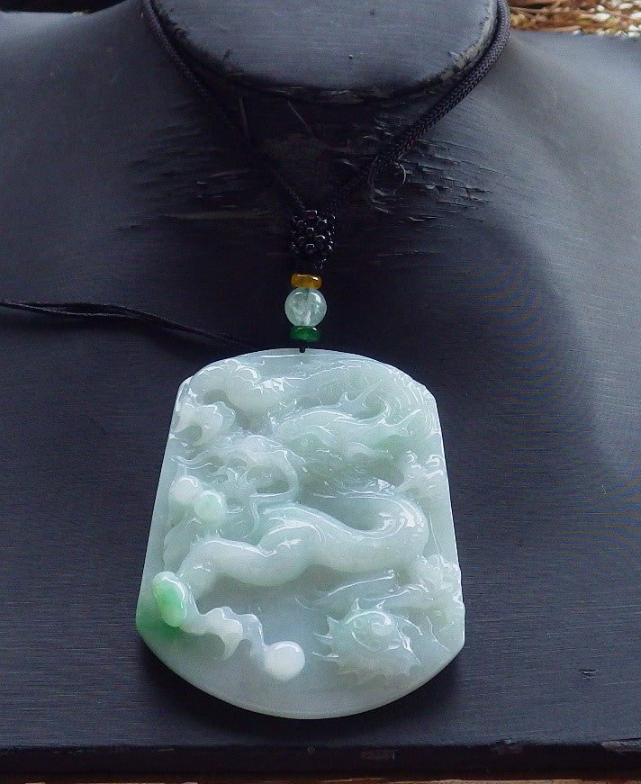 Certified Hand Carved Green Natural Myanmar Burma A Jade Jadeite Zodiac Dragon Bead Pendant Necklace
