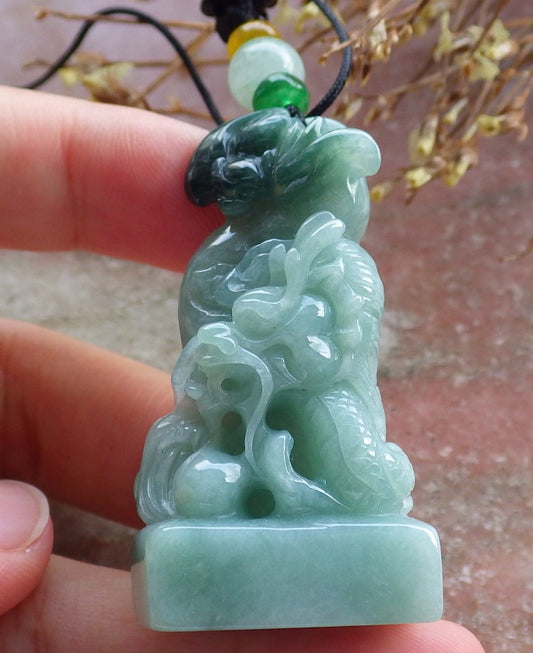 Certified Hand Carved Green Natural Myanmar Burma A Jade Jadeite Zodiac Dragon Bat Coin Pendant Necklace