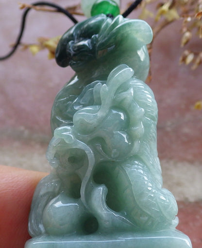 Certified Hand Carved Green Natural Myanmar Burma A Jade Jadeite Zodiac Dragon Bat Coin Pendant Necklace