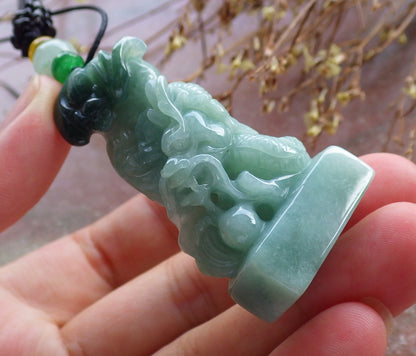 Certified Hand Carved Green Natural Myanmar Burma A Jade Jadeite Zodiac Dragon Bat Coin Pendant Necklace