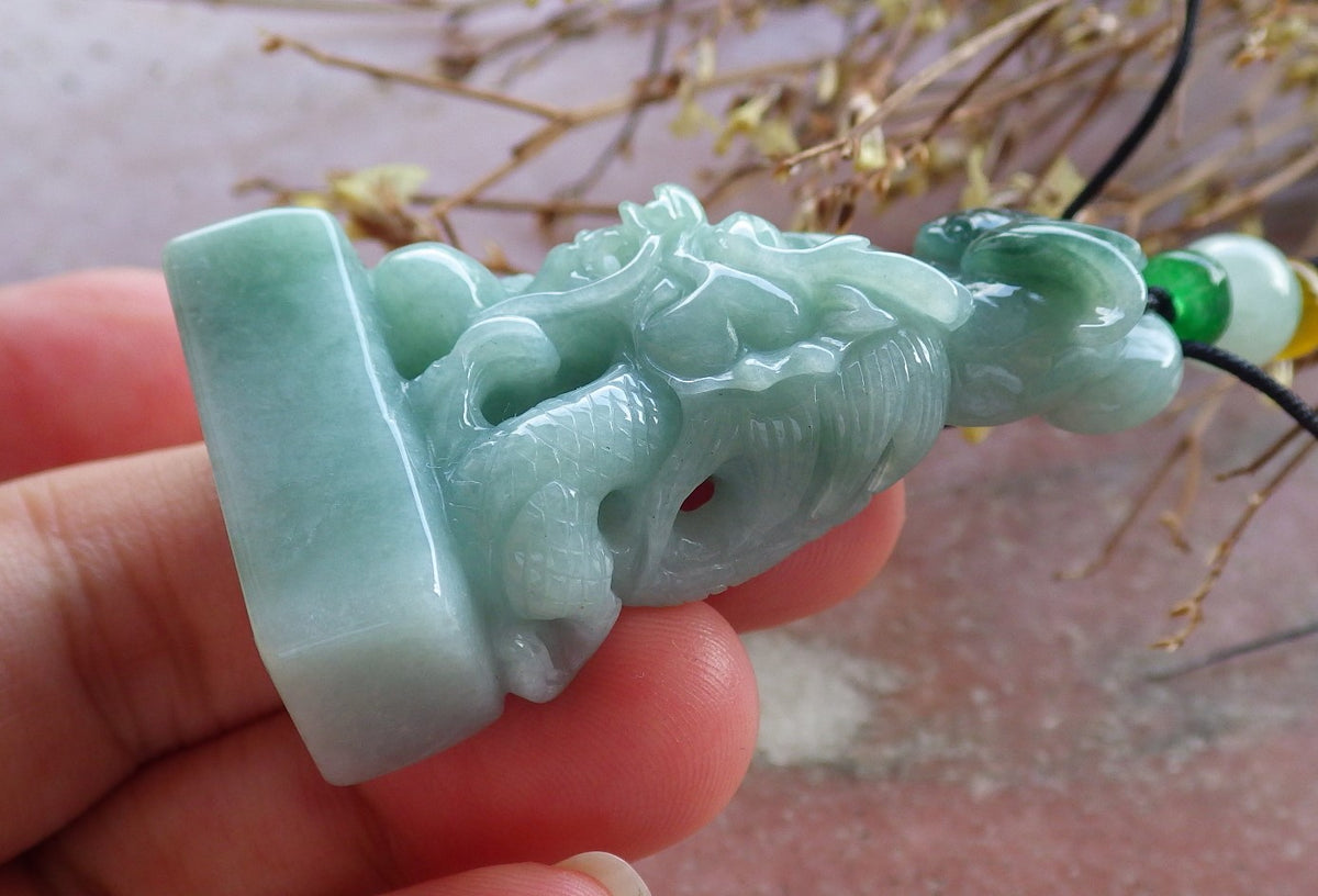 Certified Hand Carved Green Natural Myanmar Burma A Jade Jadeite Zodiac Dragon Bat Coin Pendant Necklace