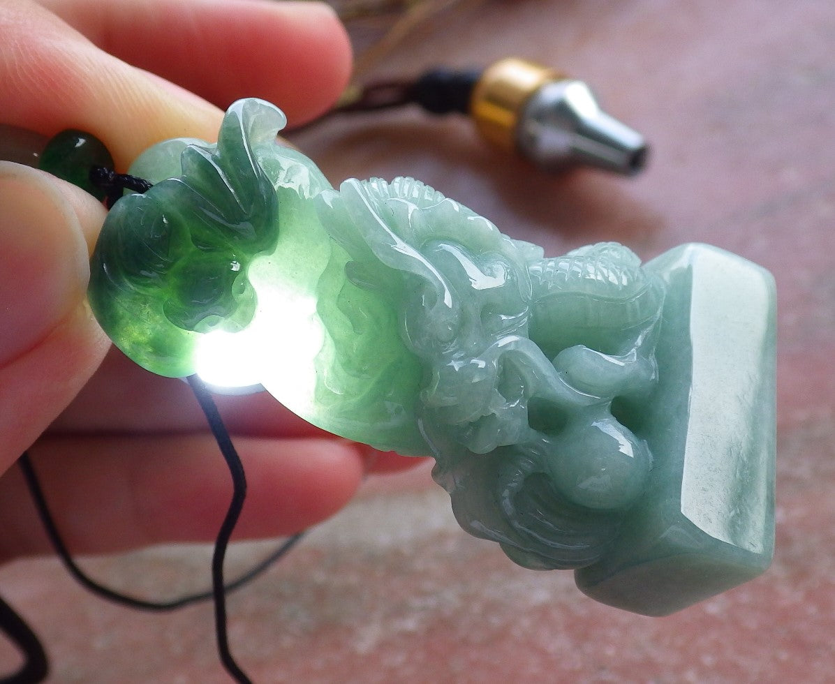 Certified Hand Carved Green Natural Myanmar Burma A Jade Jadeite Zodiac Dragon Bat Coin Pendant Necklace
