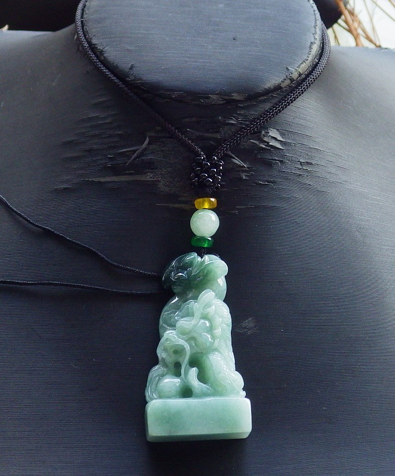 Certified Hand Carved Green Natural Myanmar Burma A Jade Jadeite Zodiac Dragon Bat Coin Pendant Necklace
