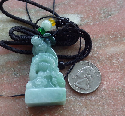 Certified Hand Carved Green Natural Myanmar Burma A Jade Jadeite Zodiac Dragon Bat Coin Pendant Necklace