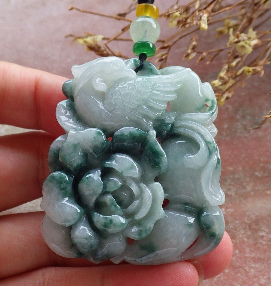 Certified Hand Carved Green Black Natural Burma A Jade jadeite Phoenix Flower Lotus Pendant Necklace