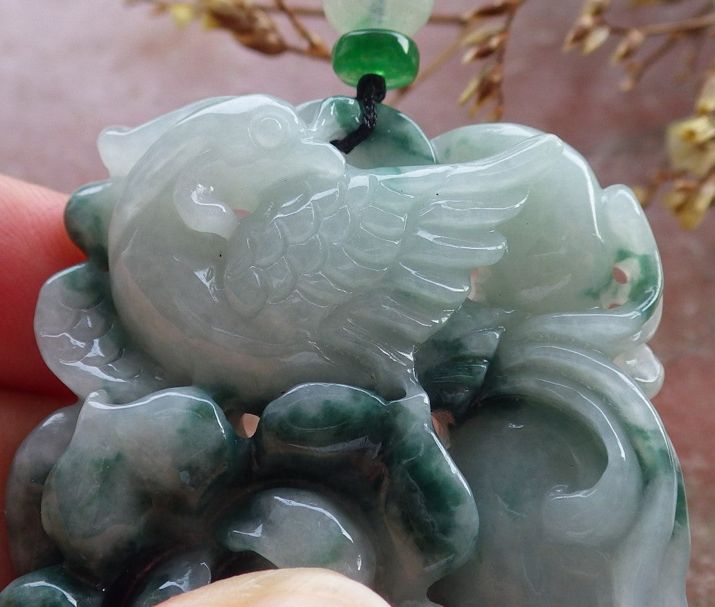 Certified Hand Carved Green Black Natural Burma A Jade jadeite Phoenix Flower Lotus Pendant Necklace