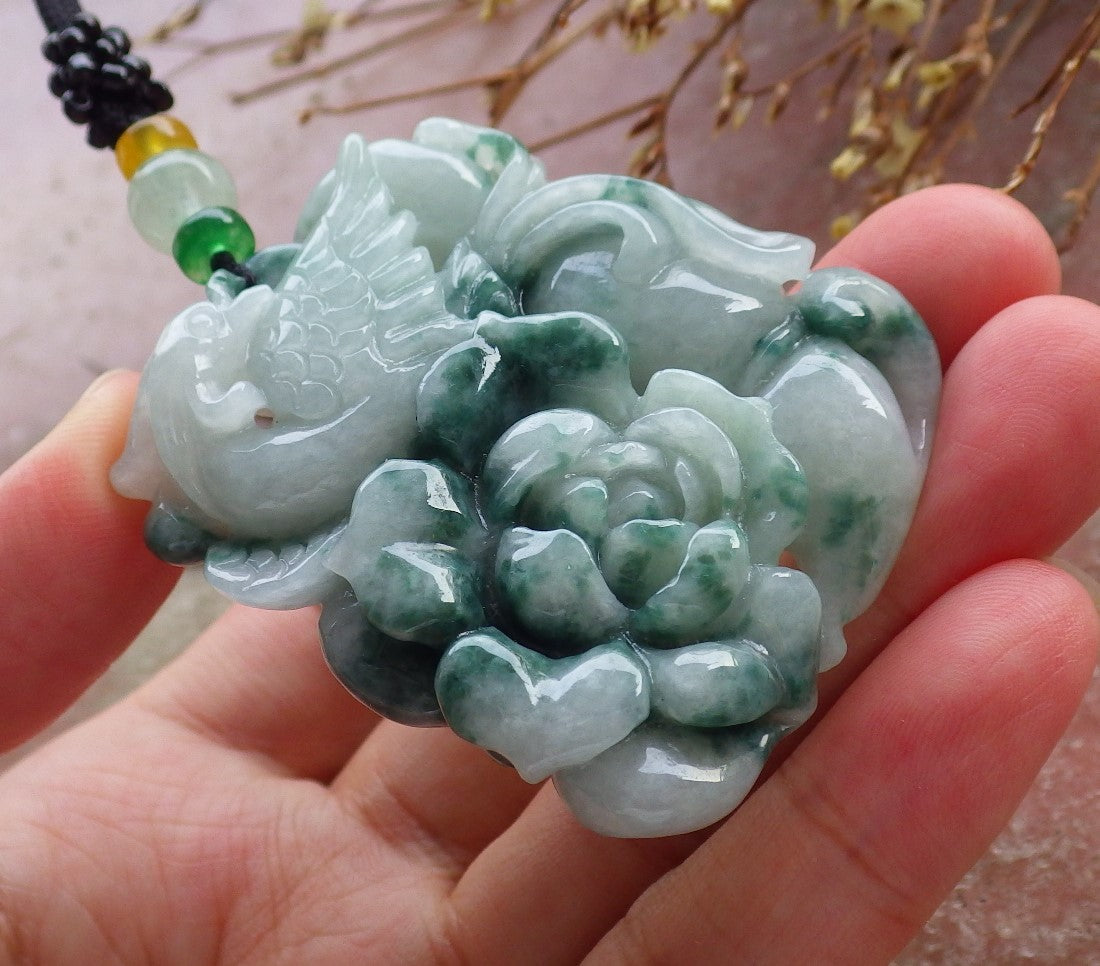 Certified Hand Carved Green Black Natural Burma A Jade jadeite Phoenix Flower Lotus Pendant Necklace