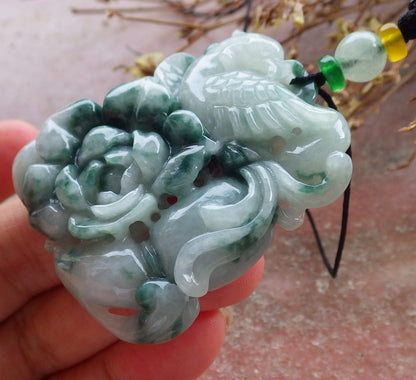 Certified Hand Carved Green Black Natural Burma A Jade jadeite Phoenix Flower Lotus Pendant Necklace