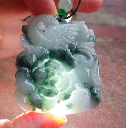 Certified Hand Carved Green Black Natural Burma A Jade jadeite Phoenix Flower Lotus Pendant Necklace