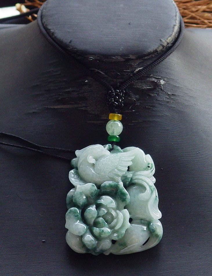 Certified Hand Carved Green Black Natural Burma A Jade jadeite Phoenix Flower Lotus Pendant Necklace