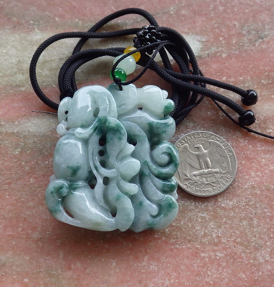 Certified Hand Carved Green Black Natural Burma A Jade jadeite Phoenix Flower Lotus Pendant Necklace