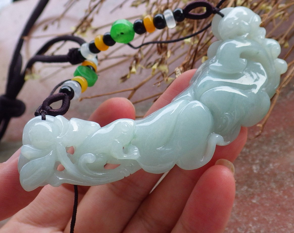 Certified Hand Carved Natural Green Myanmar Burma Grade A Jade jadeite Frog Toad Lotus Pendant Necklace