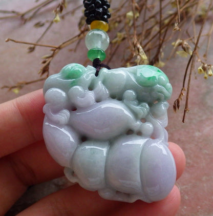 Certified Hand Carved Natural Lavender Green Myanmar Burma A Jade jadeite Frog Toad Lotus Peach Pendant Necklace