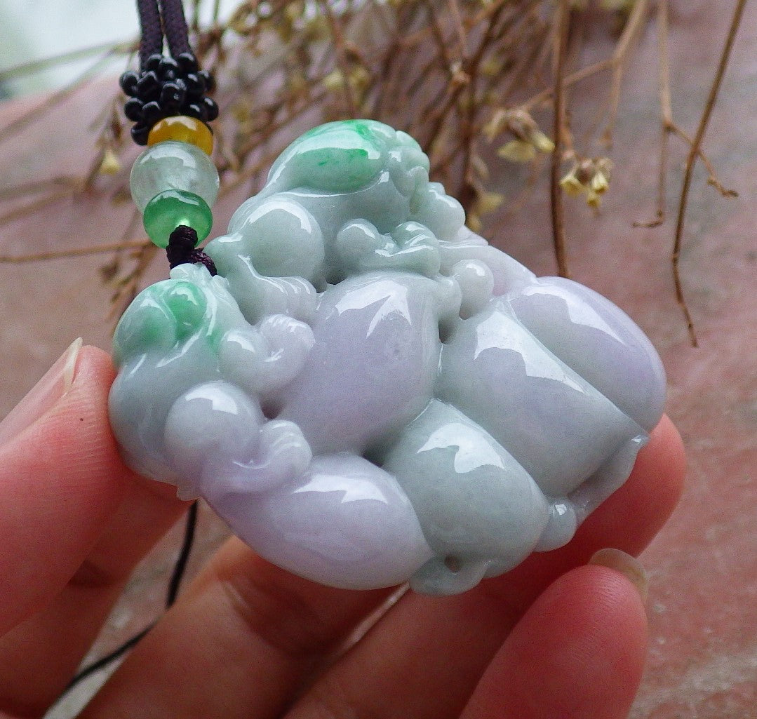 Certified Hand Carved Natural Lavender Green Myanmar Burma A Jade jadeite Frog Toad Lotus Peach Pendant Necklace