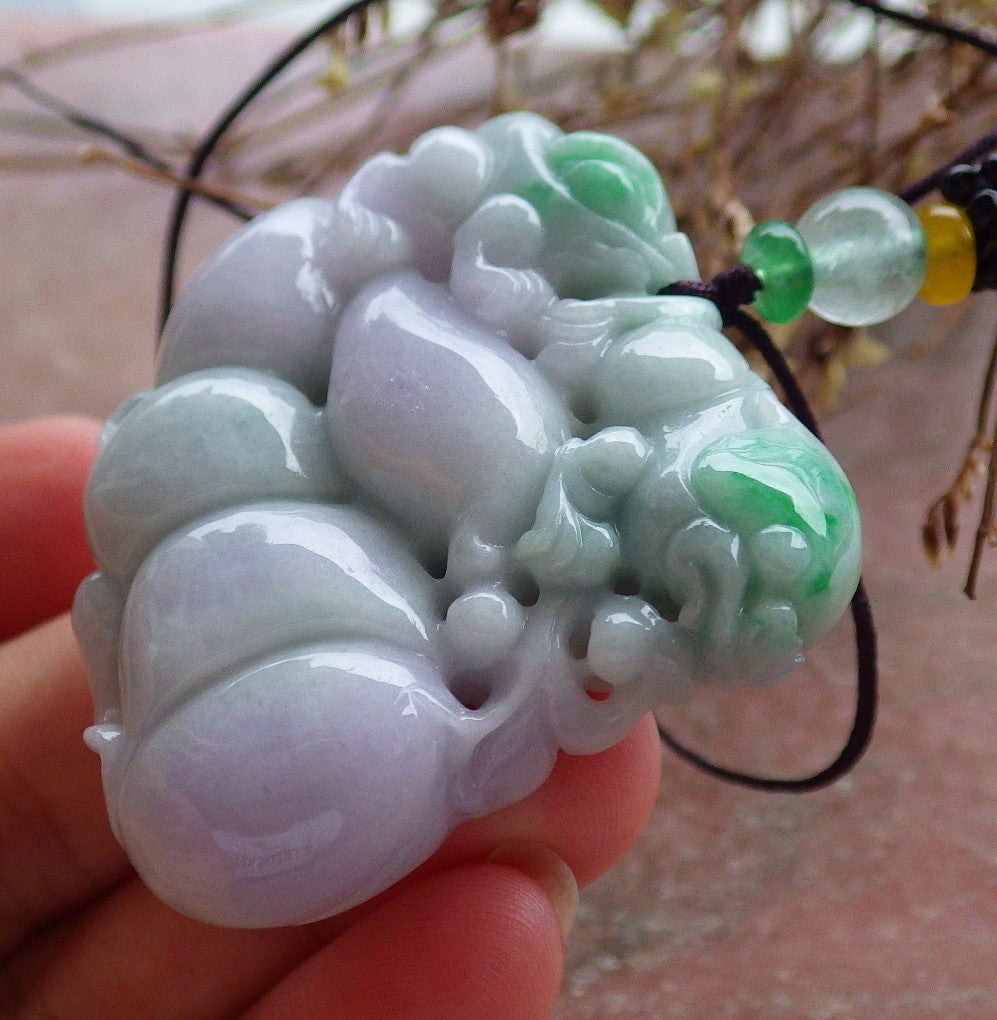 Certified Hand Carved Natural Lavender Green Myanmar Burma A Jade jadeite Frog Toad Lotus Peach Pendant Necklace