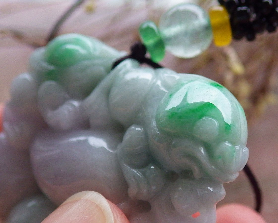 Certified Hand Carved Natural Lavender Green Myanmar Burma A Jade jadeite Frog Toad Lotus Peach Pendant Necklace