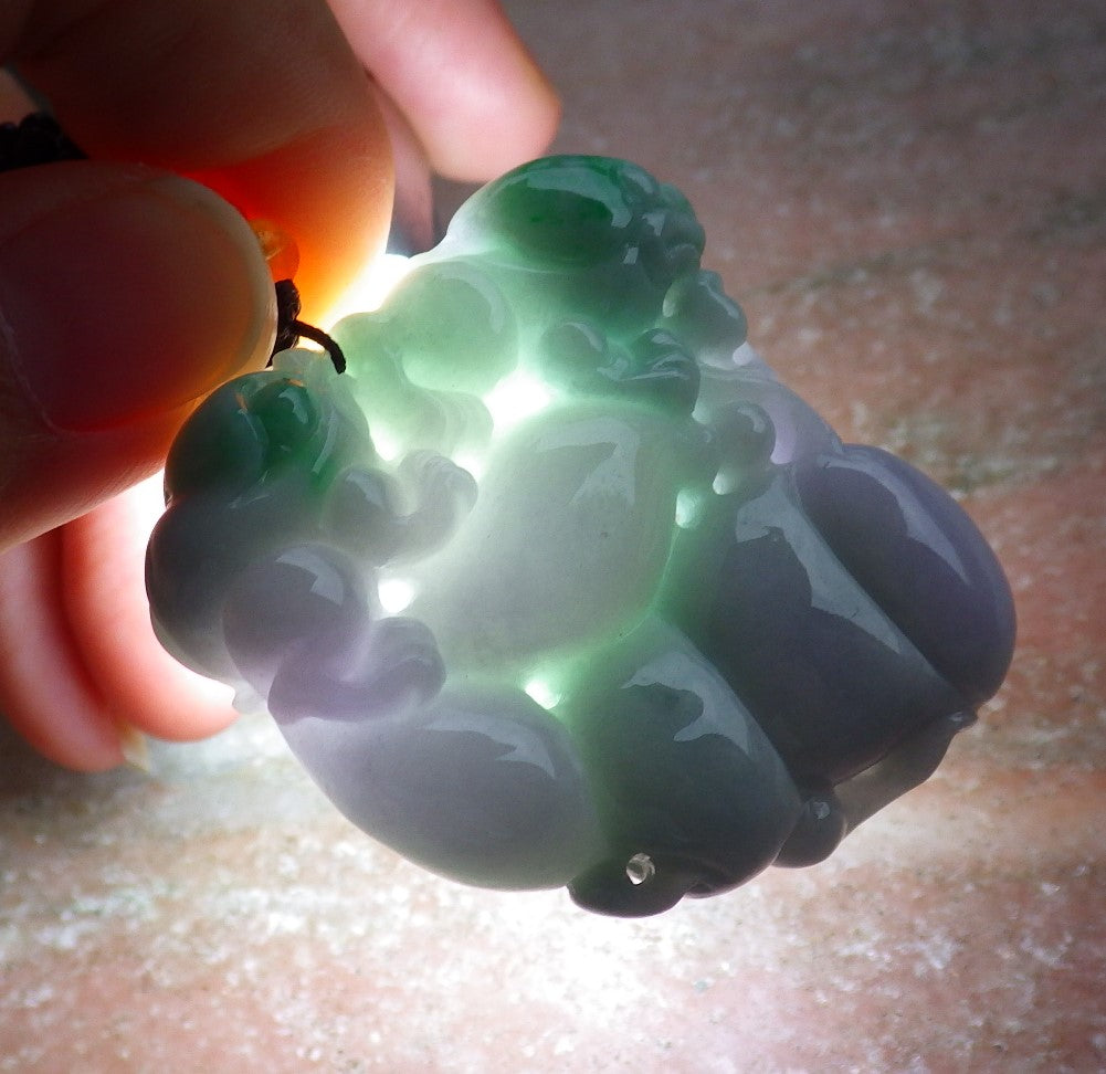 Certified Hand Carved Natural Lavender Green Myanmar Burma A Jade jadeite Frog Toad Lotus Peach Pendant Necklace
