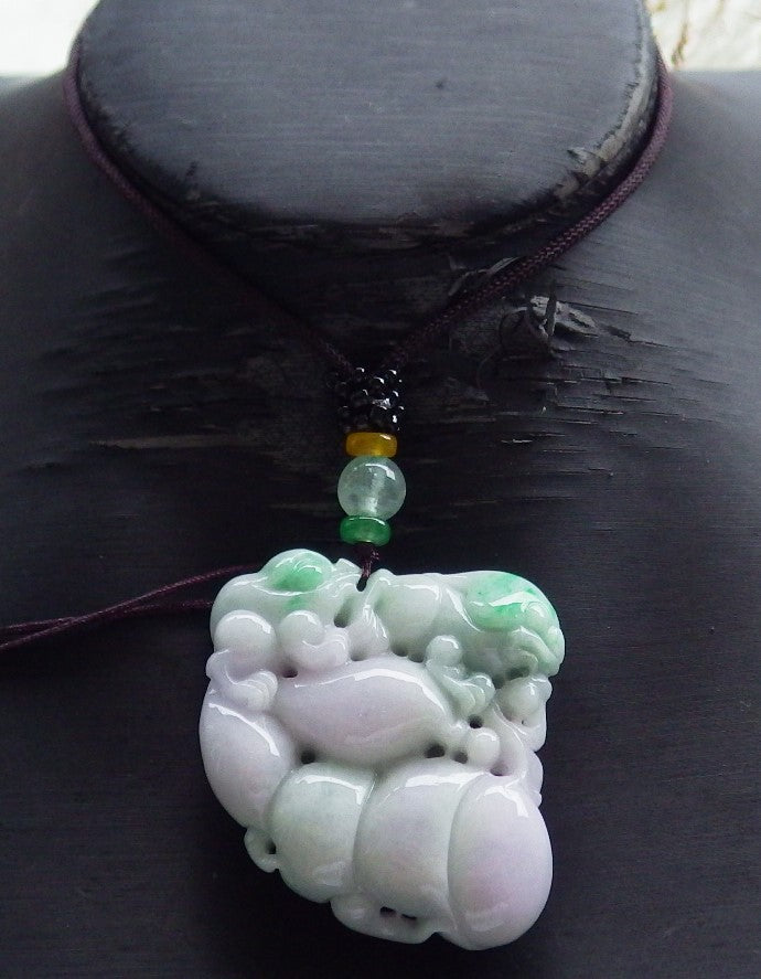 Certified Hand Carved Natural Lavender Green Myanmar Burma A Jade jadeite Frog Toad Lotus Peach Pendant Necklace