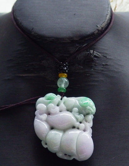 Certified Hand Carved Natural Lavender Green Myanmar Burma A Jade jadeite Frog Toad Lotus Peach Pendant Necklace