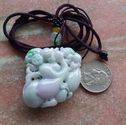 Certified Hand Carved Natural Lavender Green Myanmar Burma A Jade jadeite Frog Toad Lotus Peach Pendant Necklace