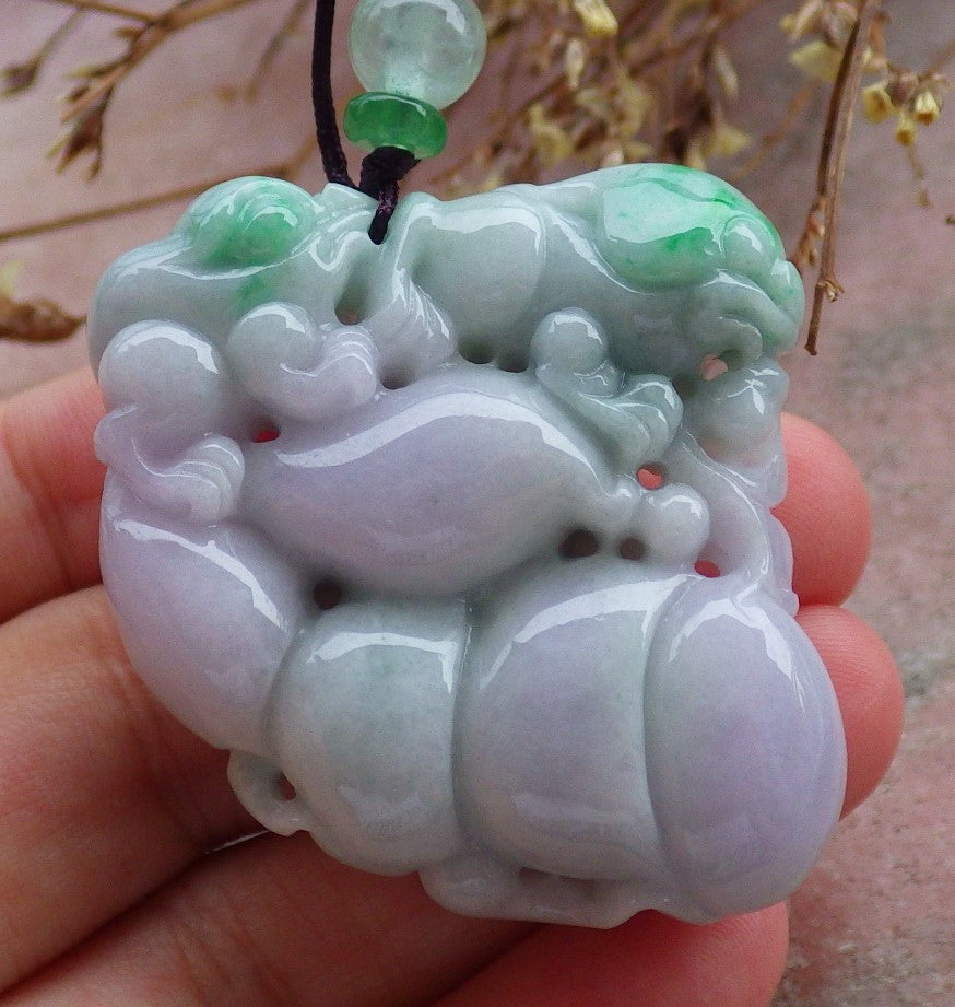 Certified Hand Carved Natural Lavender Green Myanmar Burma A Jade jadeite Frog Toad Lotus Peach Pendant Necklace