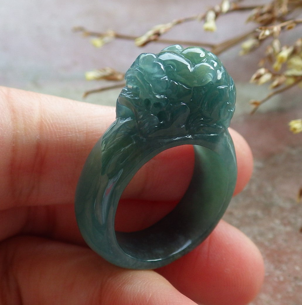 US 8.75 Certified Hand Carved Blue Water Green Natural A JADE Jadeite Dragon Pi Xiu Ring