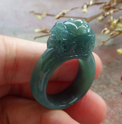 US 8.75 Certified Hand Carved Blue Water Green Natural A JADE Jadeite Dragon Pi Xiu Ring