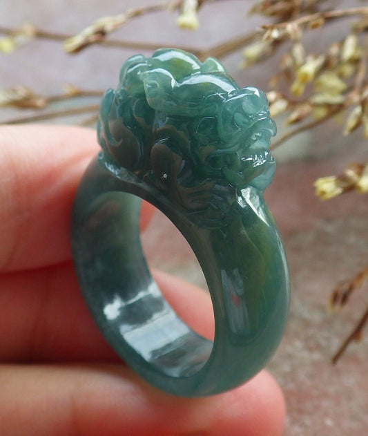 US 8.75 Certified Hand Carved Blue Water Green Natural A JADE Jadeite Dragon Pi Xiu Ring