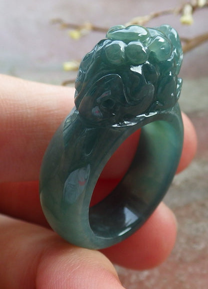 US 8.75 Certified Hand Carved Blue Water Green Natural A JADE Jadeite Dragon Pi Xiu Ring
