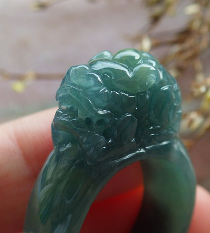 US 8.75 Certified Hand Carved Blue Water Green Natural A JADE Jadeite Dragon Pi Xiu Ring
