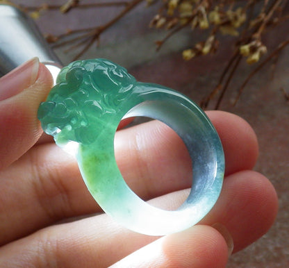 US 8.75 Certified Hand Carved Blue Water Green Natural A JADE Jadeite Dragon Pi Xiu Ring