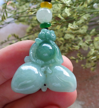 Certified Hand Carved Green Natural Myanmar Burma A Jade jadeite OWL Lotus Peach Pendant Necklace