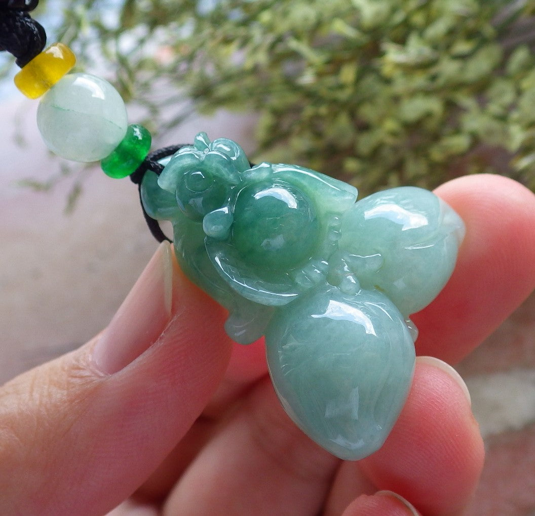 Certified Hand Carved Green Natural Myanmar Burma A Jade jadeite OWL Lotus Peach Pendant Necklace