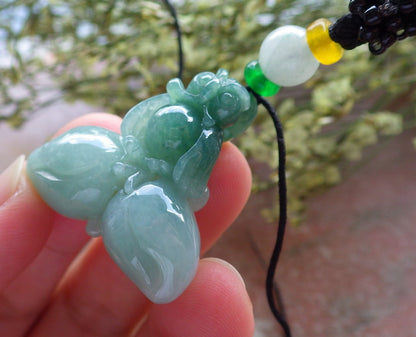 Certified Hand Carved Green Natural Myanmar Burma A Jade jadeite OWL Lotus Peach Pendant Necklace