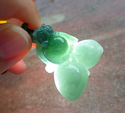 Certified Hand Carved Green Natural Myanmar Burma A Jade jadeite OWL Lotus Peach Pendant Necklace