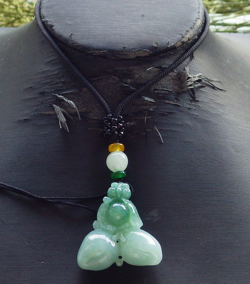 Certified Hand Carved Green Natural Myanmar Burma A Jade jadeite OWL Lotus Peach Pendant Necklace
