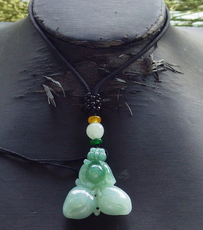 Certified Hand Carved Green Natural Myanmar Burma A Jade jadeite OWL Lotus Peach Pendant Necklace