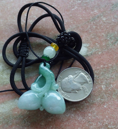 Certified Hand Carved Green Natural Myanmar Burma A Jade jadeite OWL Lotus Peach Pendant Necklace