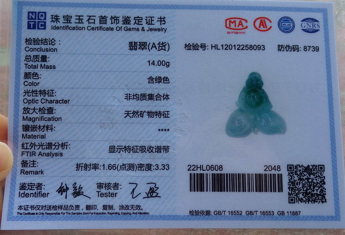 Certified Hand Carved Green Natural Myanmar Burma A Jade jadeite OWL Lotus Peach Pendant Necklace
