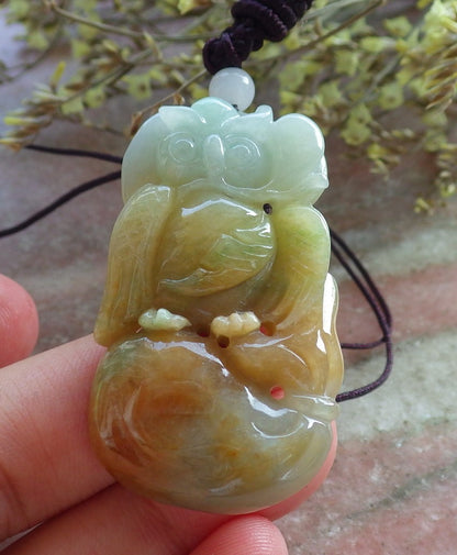 Certified Hand Carved Green Yellow 100% Natural Myanmar Burma A Jade jadeite OWL Lotus Flower Pendant Necklace