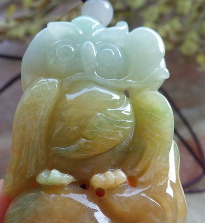 Certified Hand Carved Green Yellow 100% Natural Myanmar Burma A Jade jadeite OWL Lotus Flower Pendant Necklace