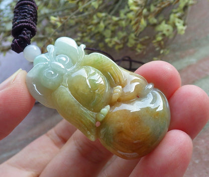 Certified Hand Carved Green Yellow 100% Natural Myanmar Burma A Jade jadeite OWL Lotus Flower Pendant Necklace