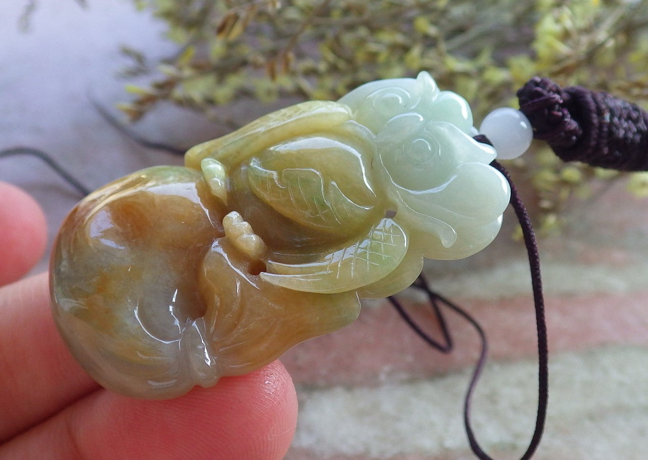 Certified Hand Carved Green Yellow 100% Natural Myanmar Burma A Jade jadeite OWL Lotus Flower Pendant Necklace