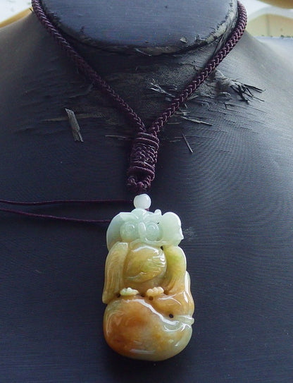 Certified Hand Carved Green Yellow 100% Natural Myanmar Burma A Jade jadeite OWL Lotus Flower Pendant Necklace