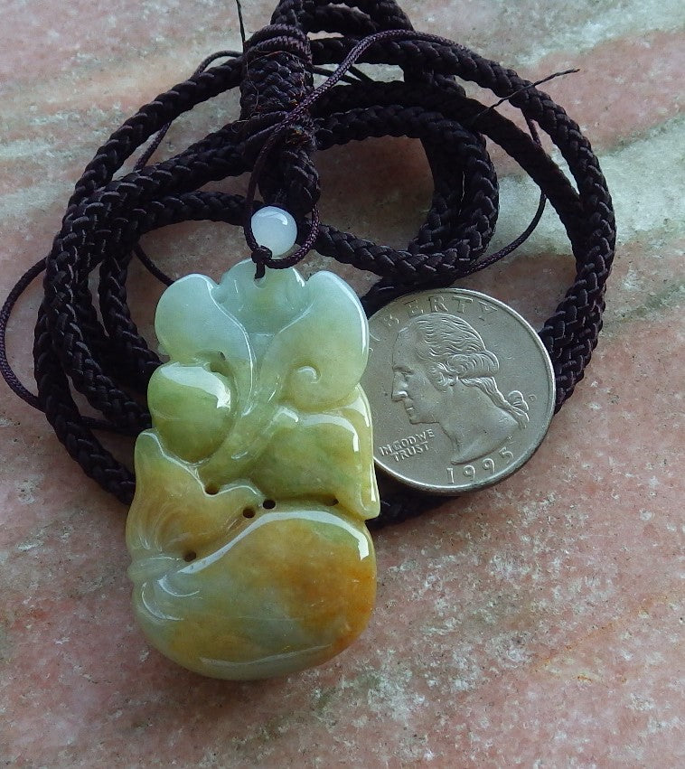 Certified Hand Carved Green Yellow 100% Natural Myanmar Burma A Jade jadeite OWL Lotus Flower Pendant Necklace