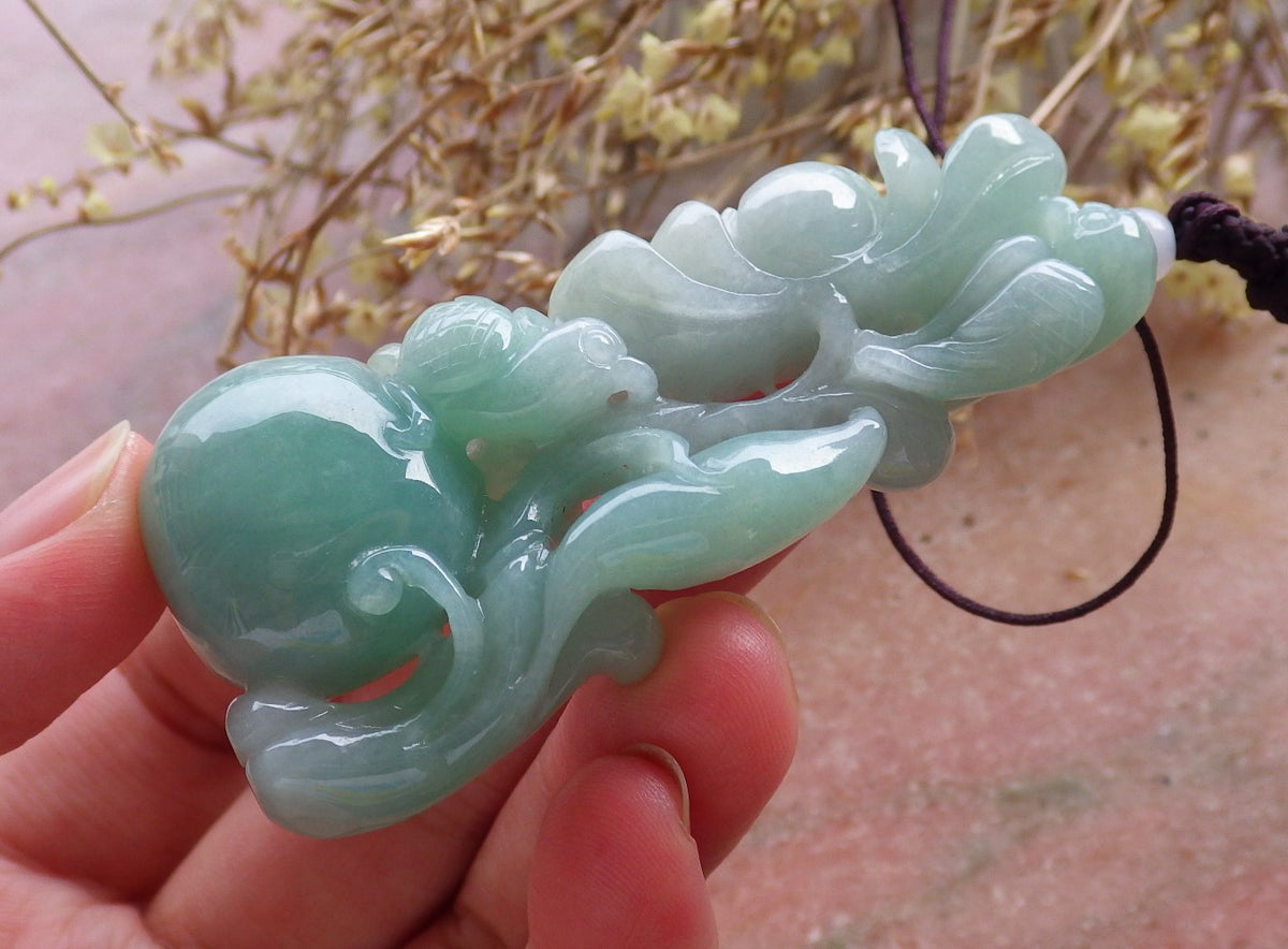 Certified Hand Carved Green Natural Burma A Jade jadeite Phoenix Lotus Flower Pendant Necklace