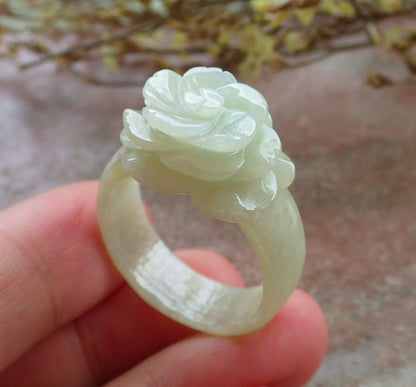 US 11.5 Certified Hand Carved Natural Myanmar Burma A JADE Jadeite Rose Flower Ring